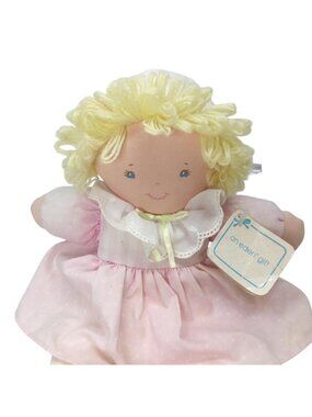 Vintage Eden Baby Doll Blonde Yarn Stuffed NWT Pink Polka Dot Striped Dress 11"